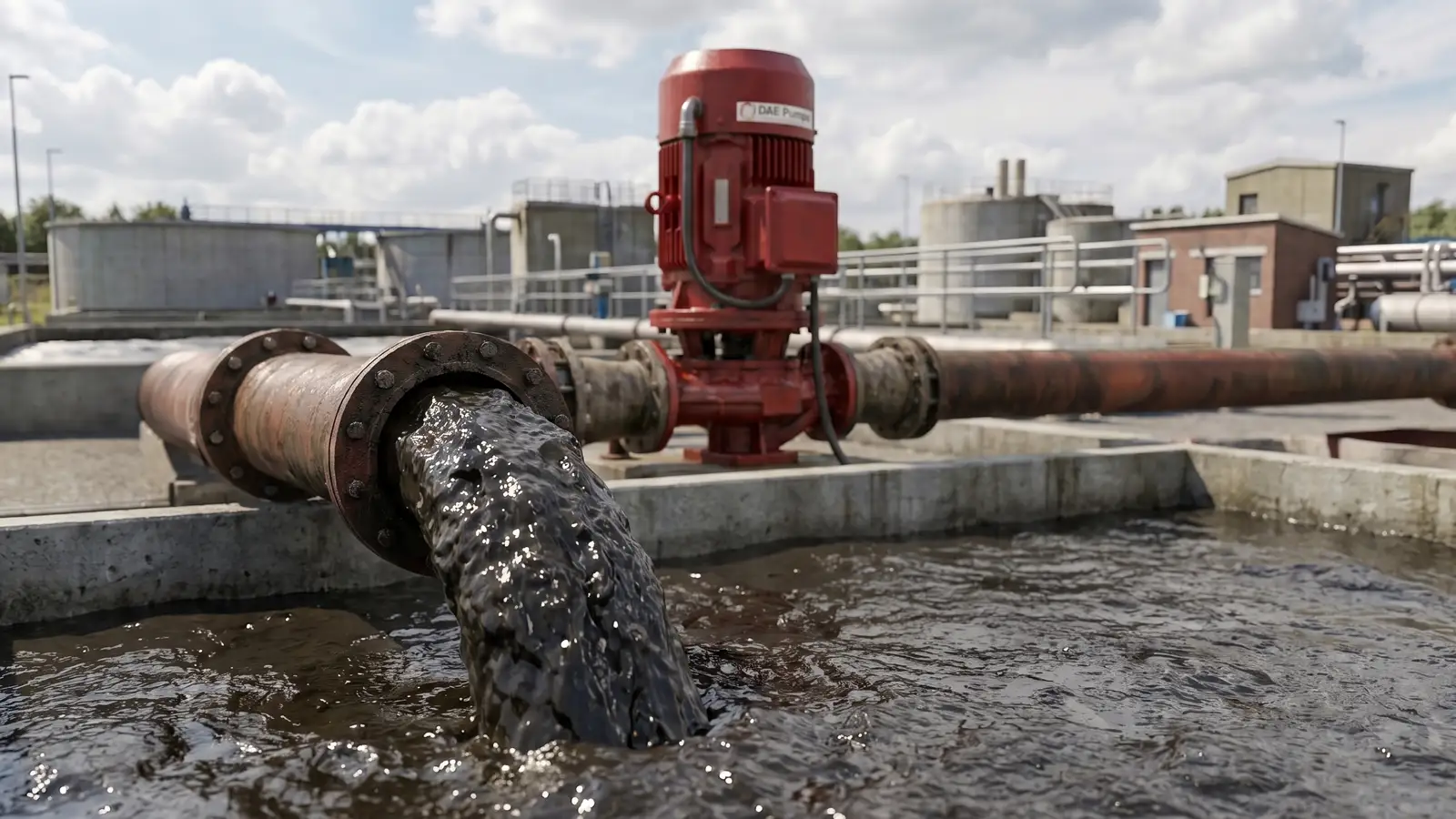 DAE Pumps flooded suction slurry pump at a wastewater treatment facility. Discharge pipe pours dark wastewater solids into a concrete settling basin.
