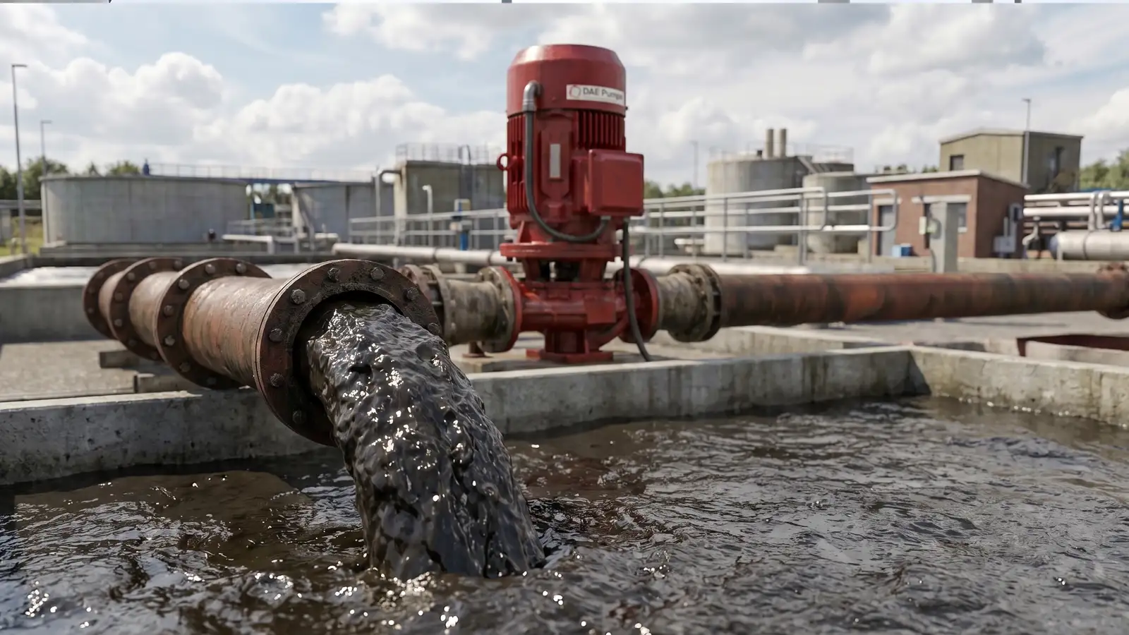 Industrial wastewater slurry pump discharging abrasive sludge during maintenance at a treatment facility, reliable pumping system for sale with low operating cost and high-performance solids handling in the USA.