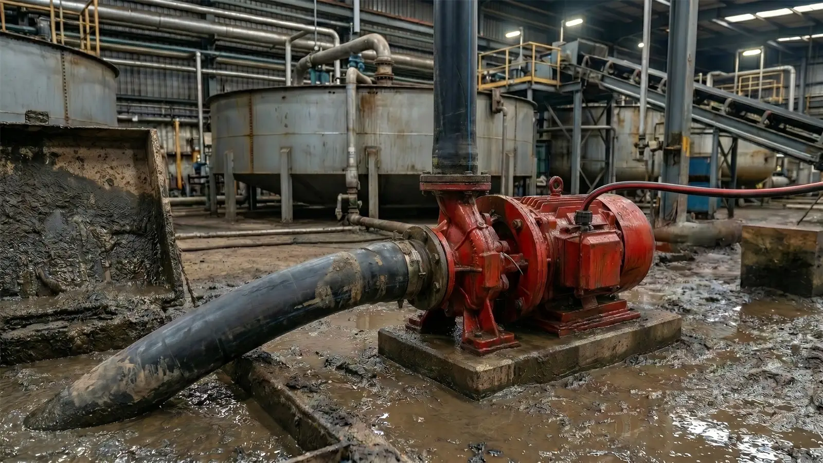Red horizontal centrifugal slurry pump and motor on a concrete plinth inside an industrial plant, drawing sludge through a thick suction hose from a sump.